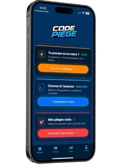 CodePiège sur smartphone — entraînement au code de la route 2026